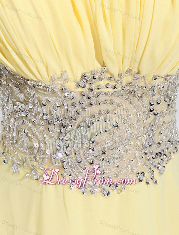 Empire Court Train Yellow Beading One Shoulder Prom Dress