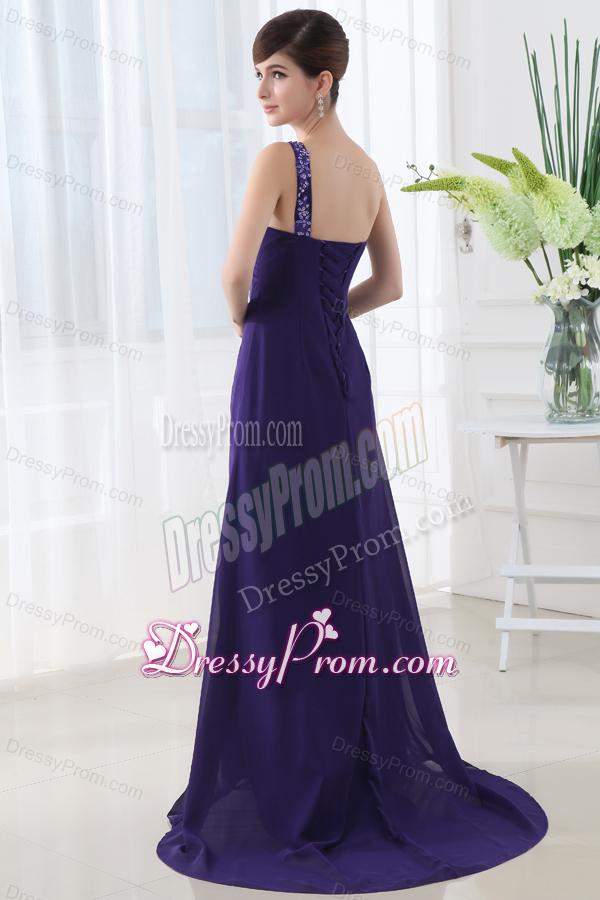 Empire One Shoulder Brush Train Appliques Purple Prom Dress