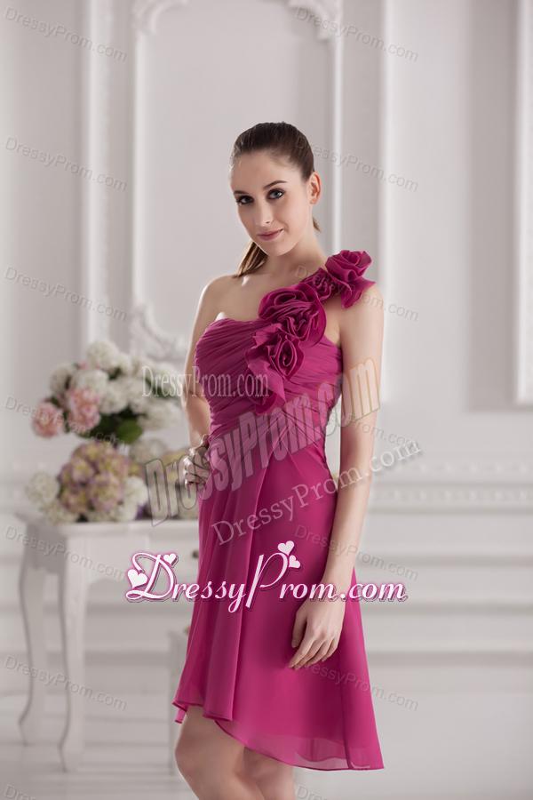 Empire One Shoulder Hand Made Flowers Ruching Fuchsia Dress Prom