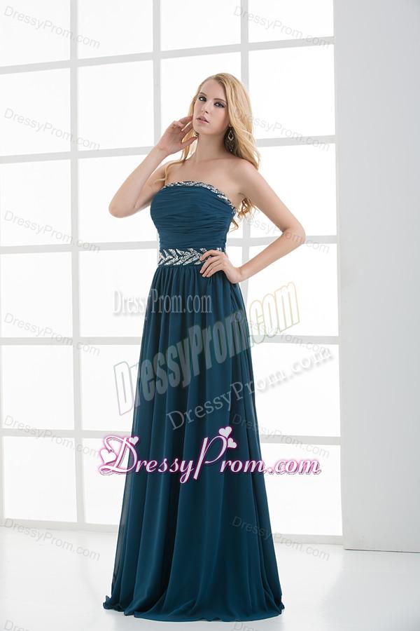 Empire Strapless Beading Blue Floor-length Chiffon Prom Dress