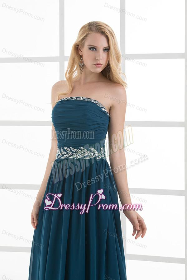 Empire Strapless Beading Blue Floor-length Chiffon Prom Dress