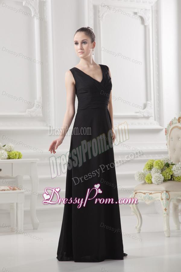 Empire V-neck Floor-length Ruching Black Prom Dress