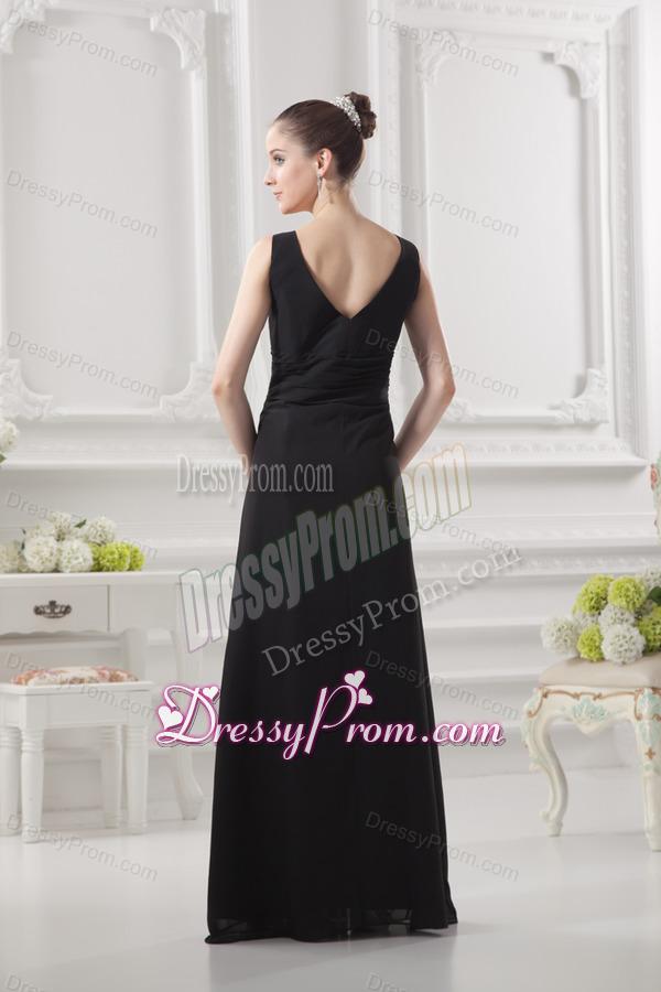 Empire V-neck Floor-length Ruching Black Prom Dress