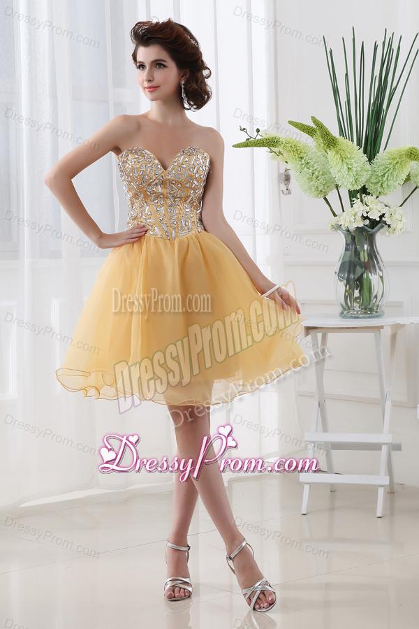 Gold A-line Beautiful Sweetheart Beading Organza Prom Dress