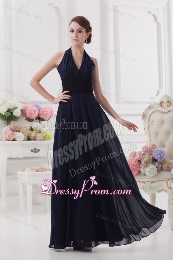 Navy Blue Halter top Long Prom Dress with Ruching and Lace