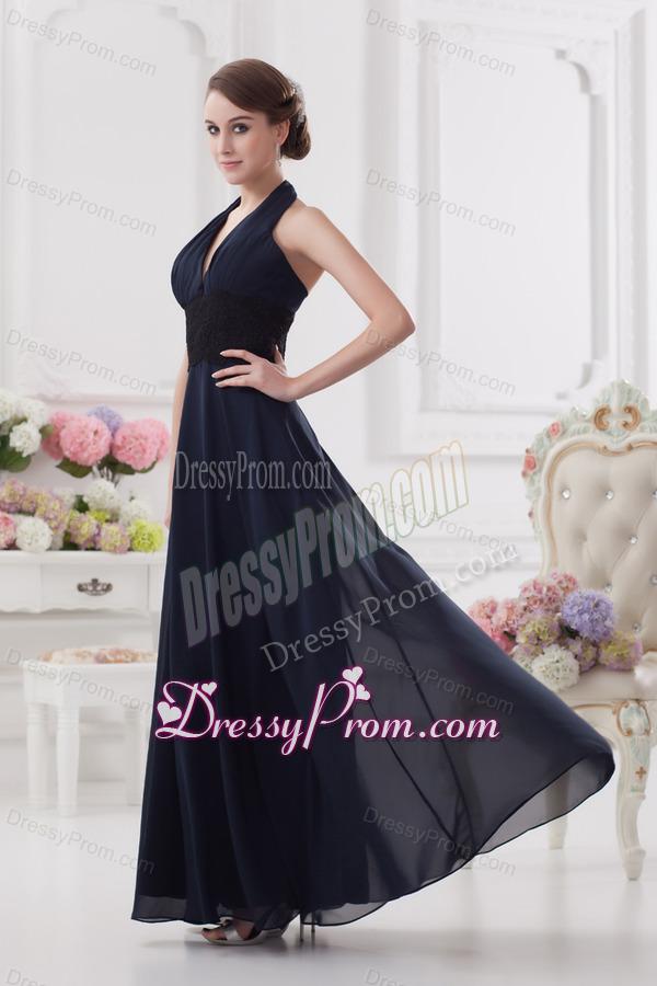 Navy Blue Halter top Long Prom Dress with Ruching and Lace