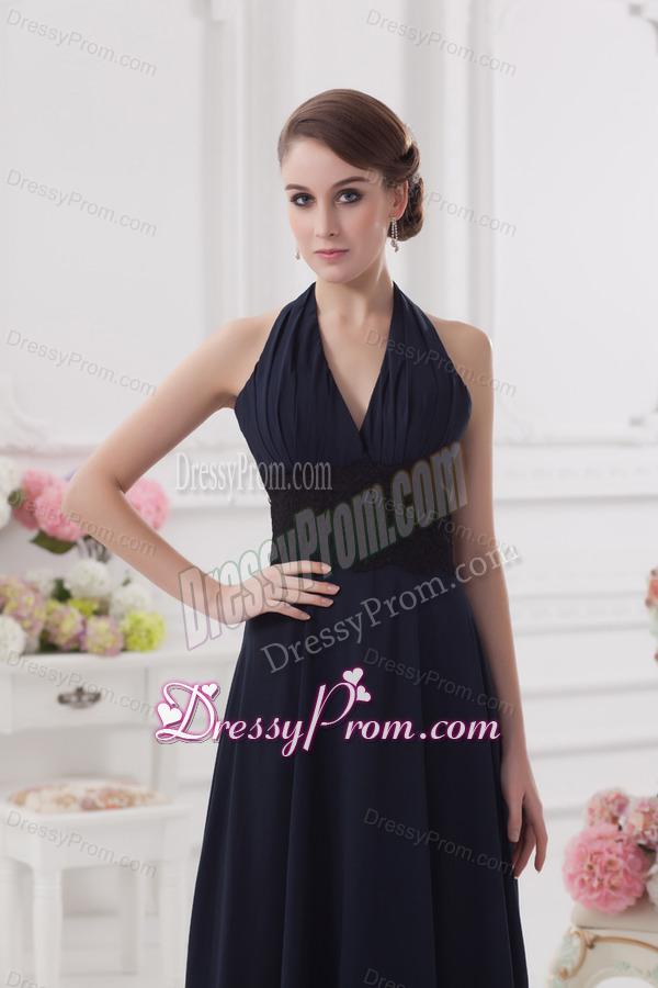 Navy Blue Halter top Long Prom Dress with Ruching and Lace