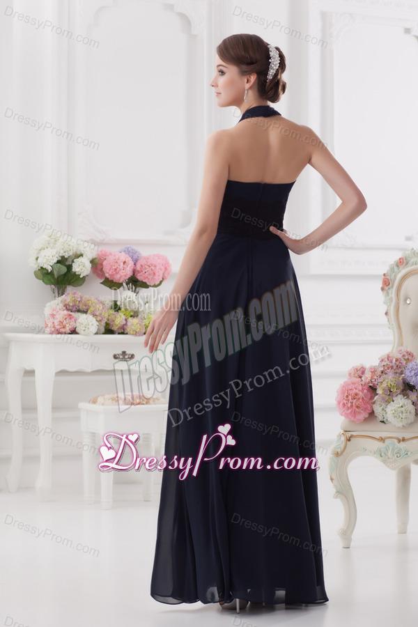 Navy Blue Halter top Long Prom Dress with Ruching and Lace