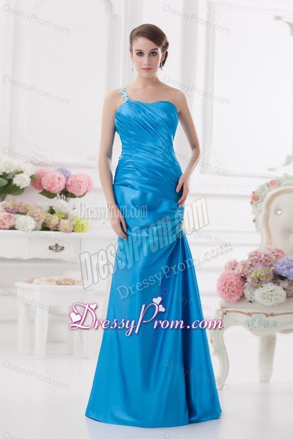 One Shoulder Column Ruching and Appliques Teal Prom Dress