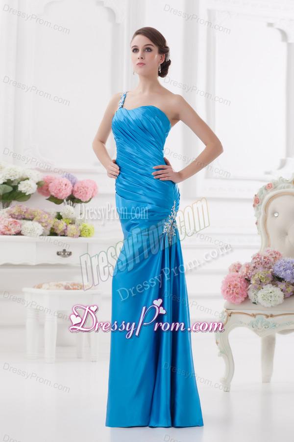 One Shoulder Column Ruching and Appliques Teal Prom Dress