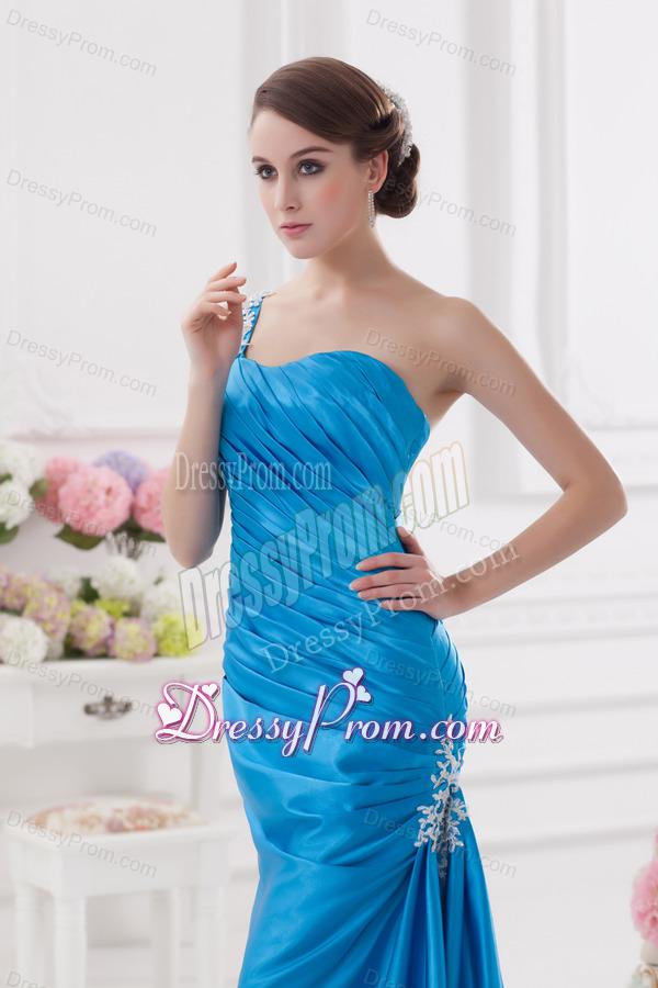 One Shoulder Column Ruching and Appliques Teal Prom Dress