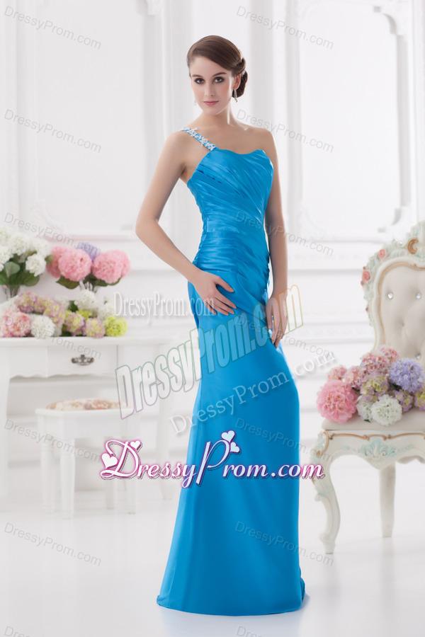 One Shoulder Column Ruching and Appliques Teal Prom Dress