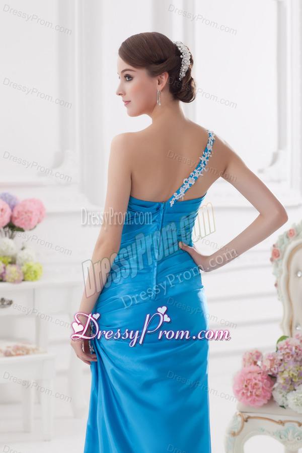 One Shoulder Column Ruching and Appliques Teal Prom Dress