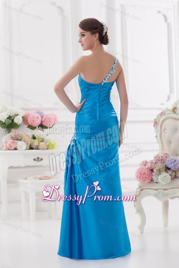 One Shoulder Column Ruching and Appliques Teal Prom Dress