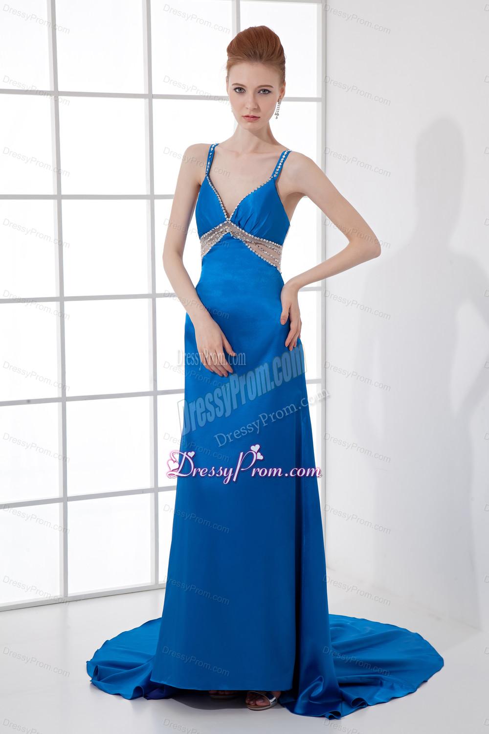 Spaghetti Straps Empire Blue Chiffon Beading Brush Train Prom Dress
