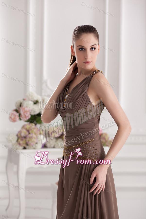 A-line Sweetheart Floor-length Beading Ruching Brown Prom Dress