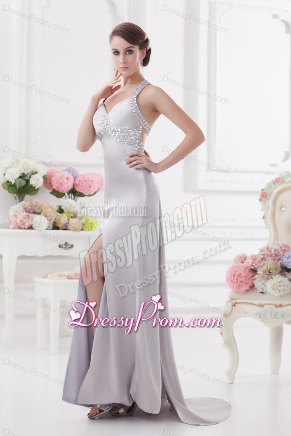 Column Halter top High Slit Beading Prom Dress in Light Grey