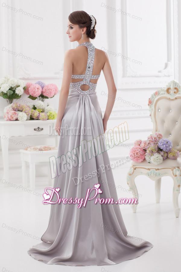 Column Halter top High Slit Beading Prom Dress in Light Grey
