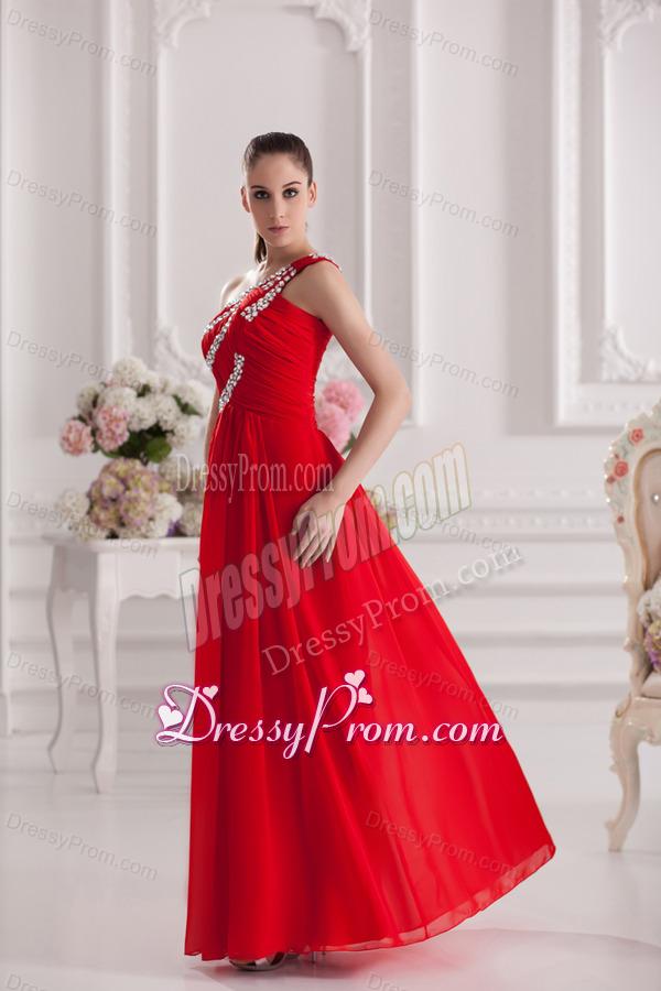 Empire One Shoulder Floor-length Beading Red Prom Dress