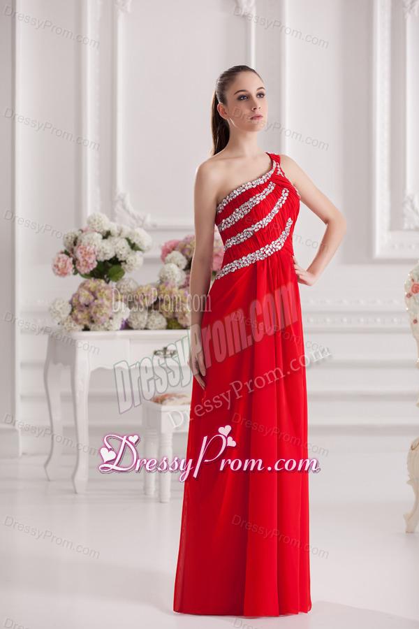 Empire One Shoulder Floor-length Beading Red Prom Dress