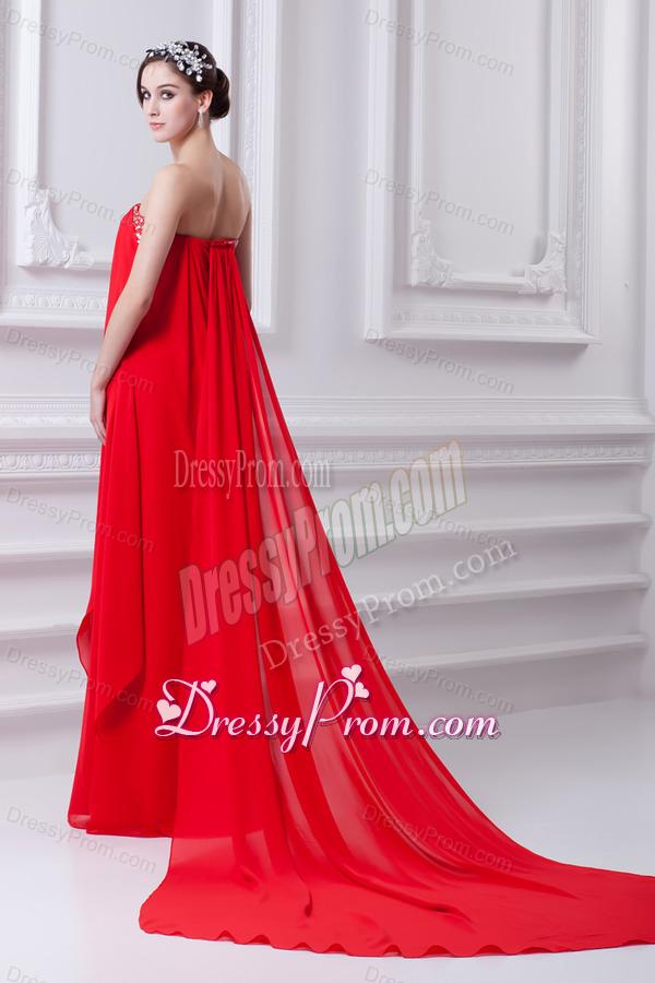 Empire Red Strapless Beading Chiffon Watteau Train Prom Dress