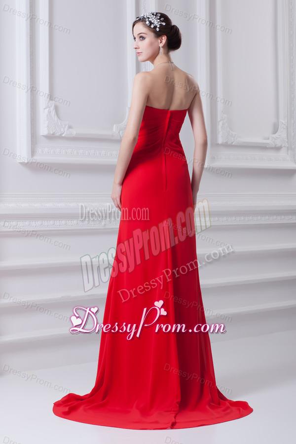 Red Sweetheart High Slit and Beading Prom Dress with Brush Train