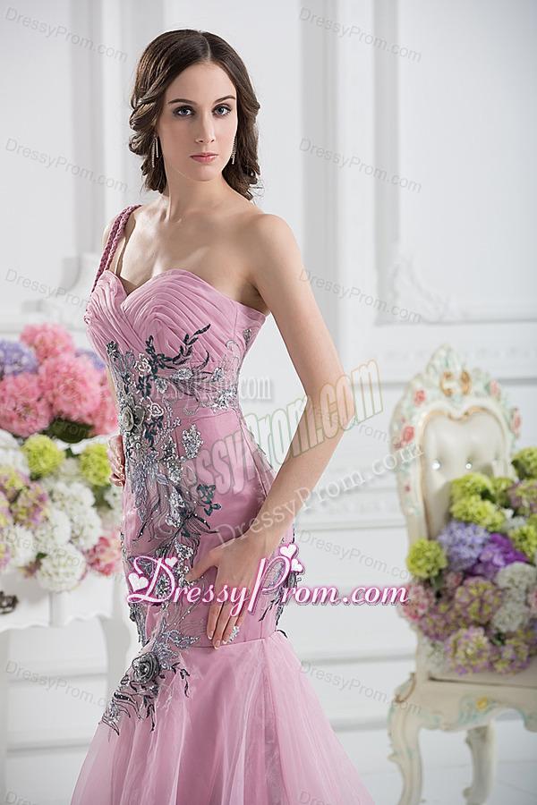 Sweetheart One Shoulder Mermaid Appliques Ruching Pink Prom Dress