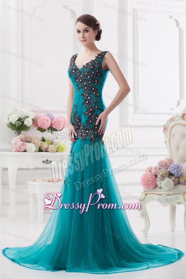 Turquoise Column Court Train Tulle Prom Dress with Ruching and Appliques