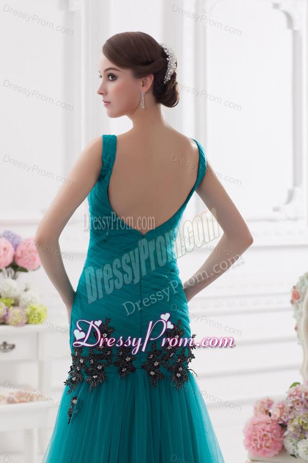 Turquoise Column Court Train Tulle Prom Dress with Ruching and Appliques