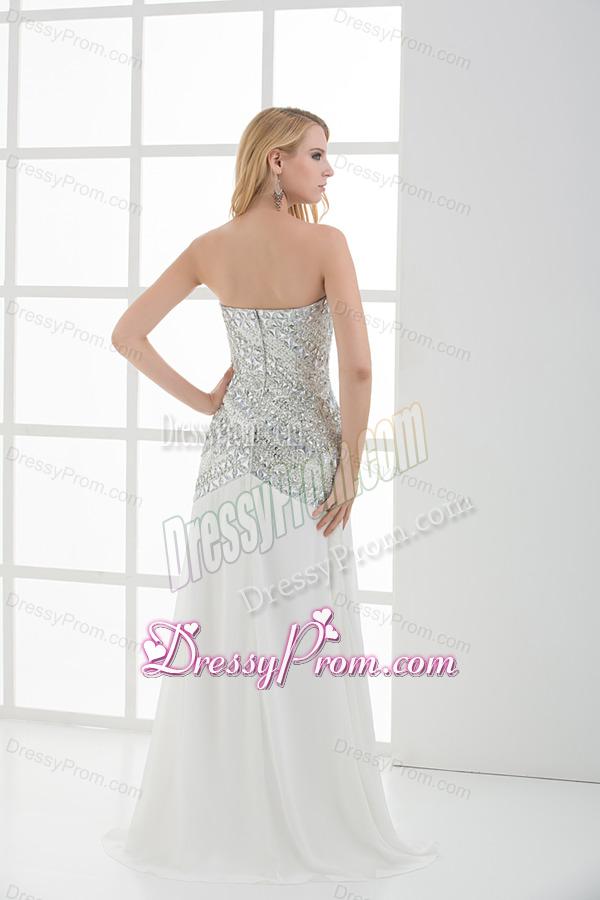 White Sweetheart Empire Beading and Ruching Sleeveless Prom Dress