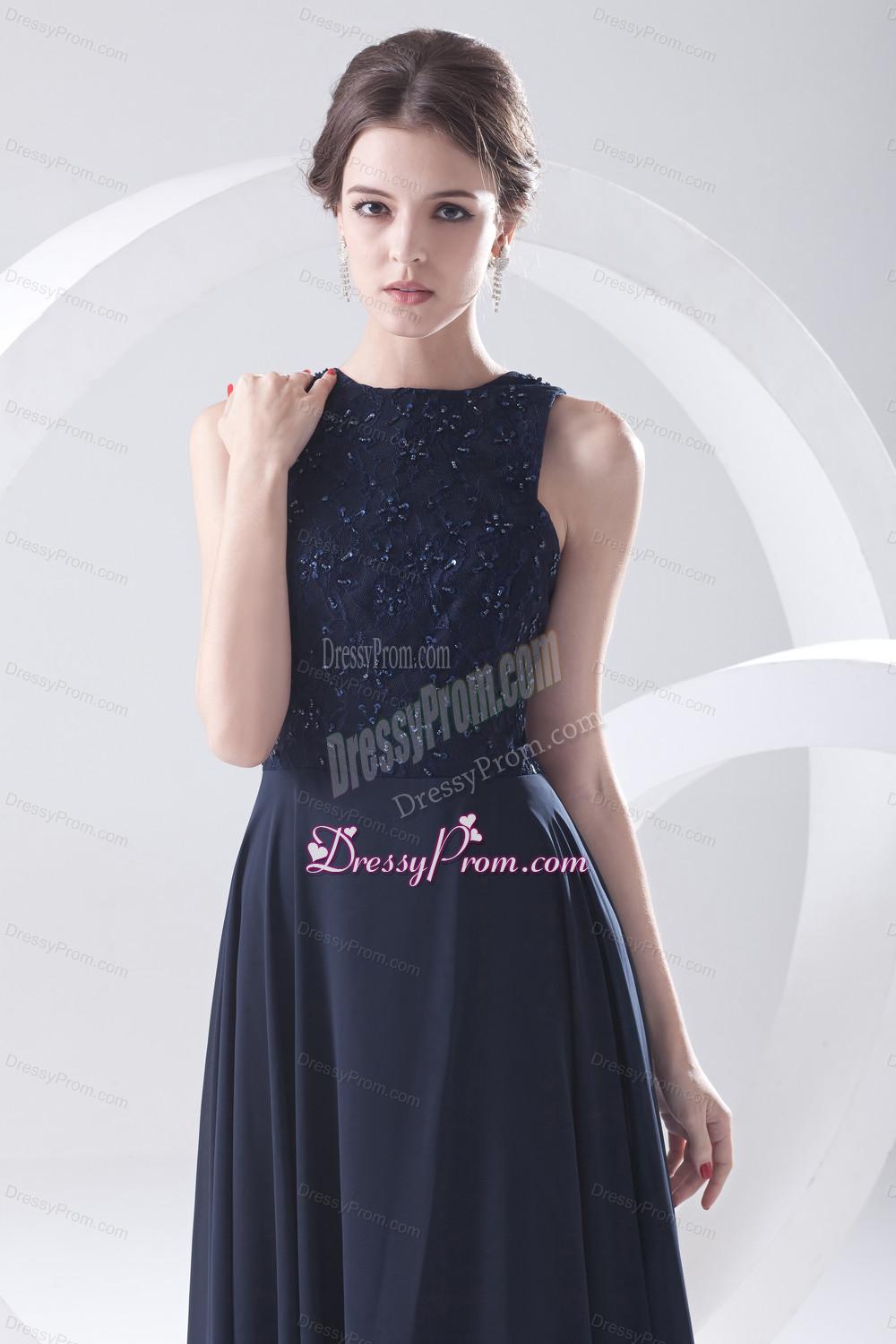 2014 Navy Blue Prom Dress with Lace Bateau Black Empire Chiffon