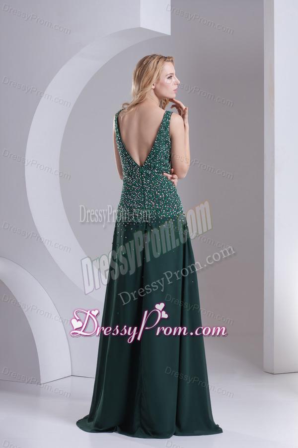 Column V-neck Chiffon Beading Dark Green Prom Dress