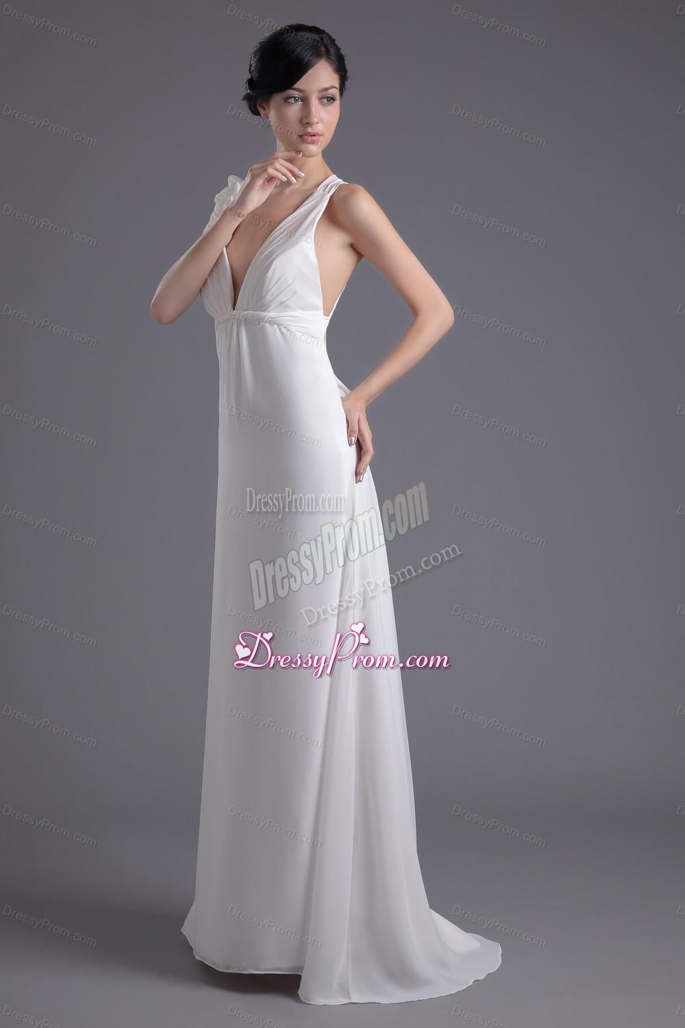 Column White Chiffon V-neck Prom Dress with Hand Made Flowers