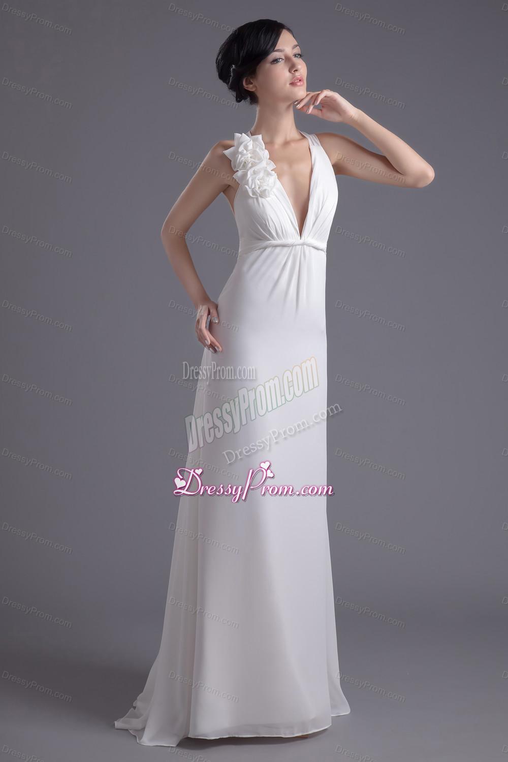 Column White Chiffon V-neck Prom Dress with Hand Made Flowers