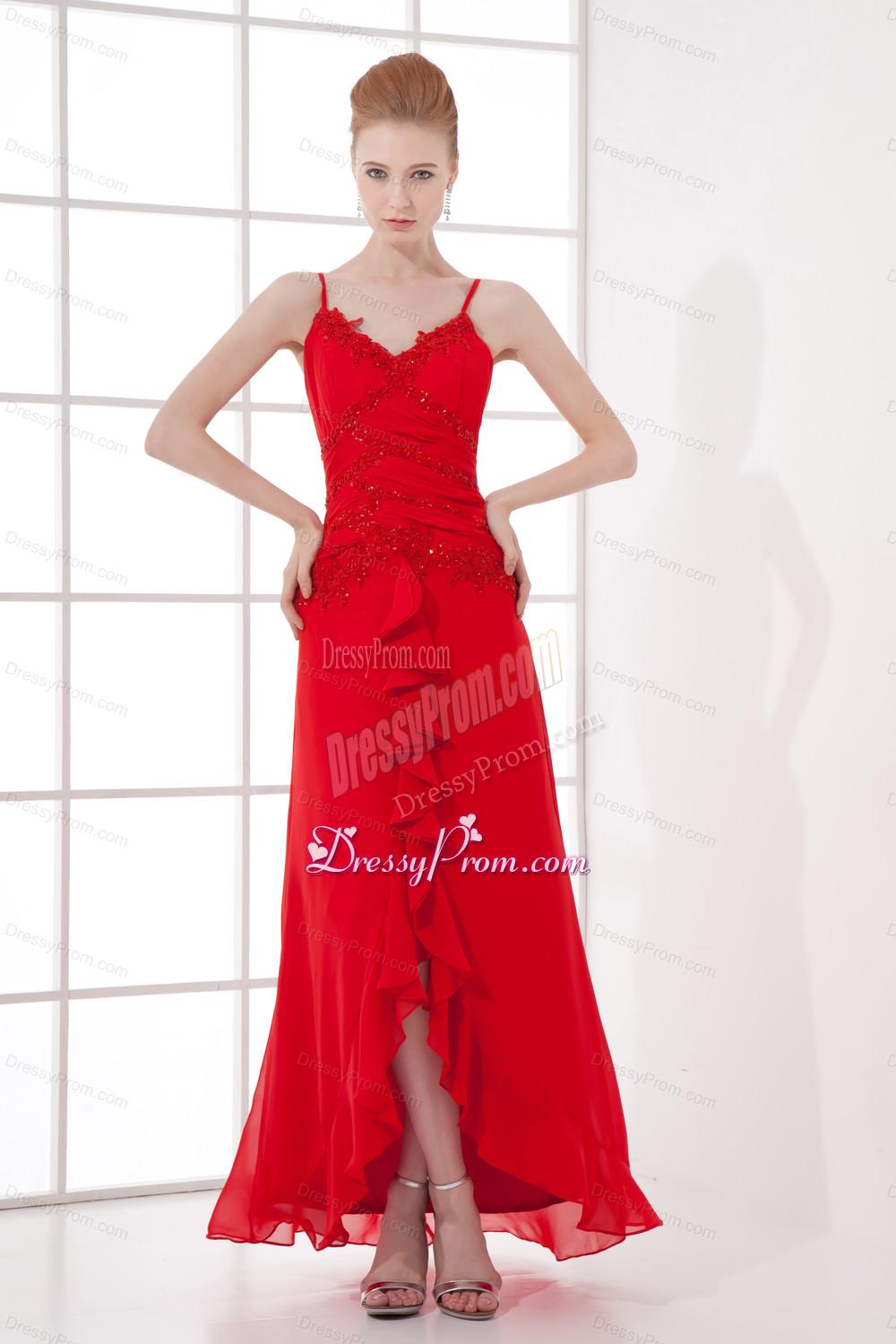 Spaghetti Straps Tea-length Chiffon Red Dresses for Prom