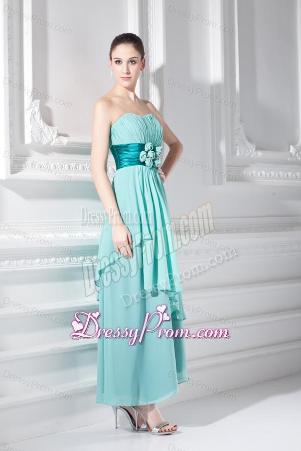 Strapless Ankel-length Empire Turquoise Hand-made Flower Prom Dress