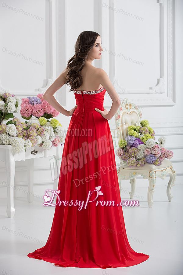 Strapless Empire Beading Ruching Prom Dress with Red