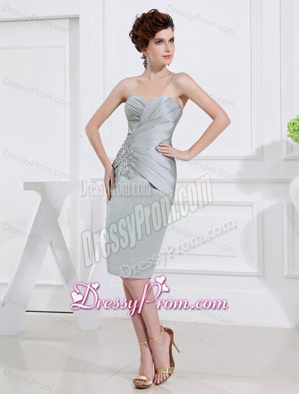Sweetheart Mini-length Ruching and Appliques Grey Prom Dress