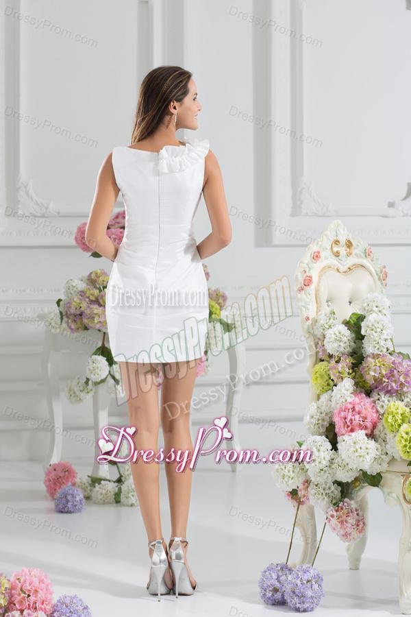 White Column V-neck Hand Made Flowers Mini-length Prom Dress