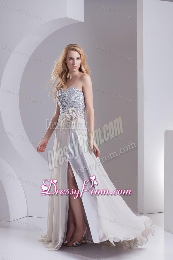 A-line Gray Sweetheart Sleeveless Sequins Prom Dress with Hand Made Flower