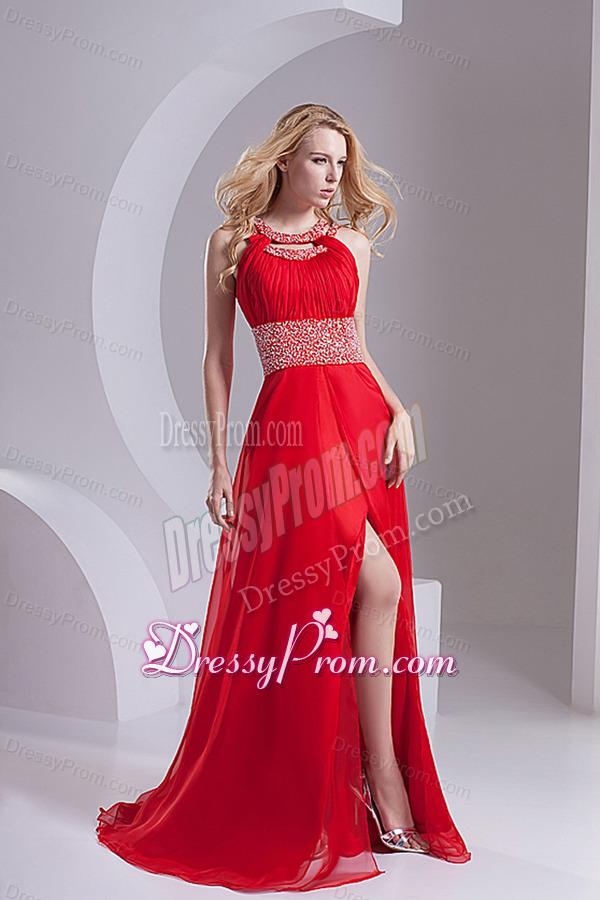 A-line Scoop Chiffon Beading and Ruching Sweep Train Prom Dress