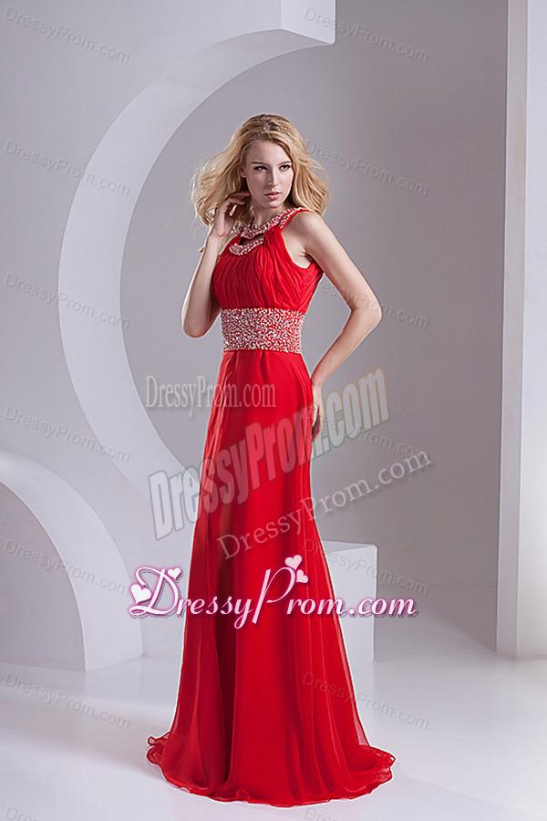 A-line Scoop Chiffon Beading and Ruching Sweep Train Prom Dress