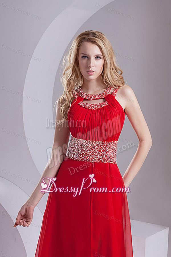 A-line Scoop Chiffon Beading and Ruching Sweep Train Prom Dress