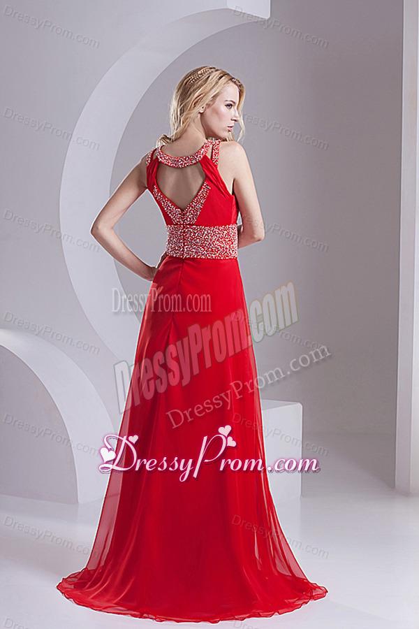 A-line Scoop Chiffon Beading and Ruching Sweep Train Prom Dress