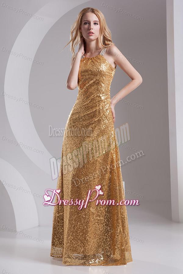 Column Straps Sequins Beading and Sequins Prom Dress in Gold