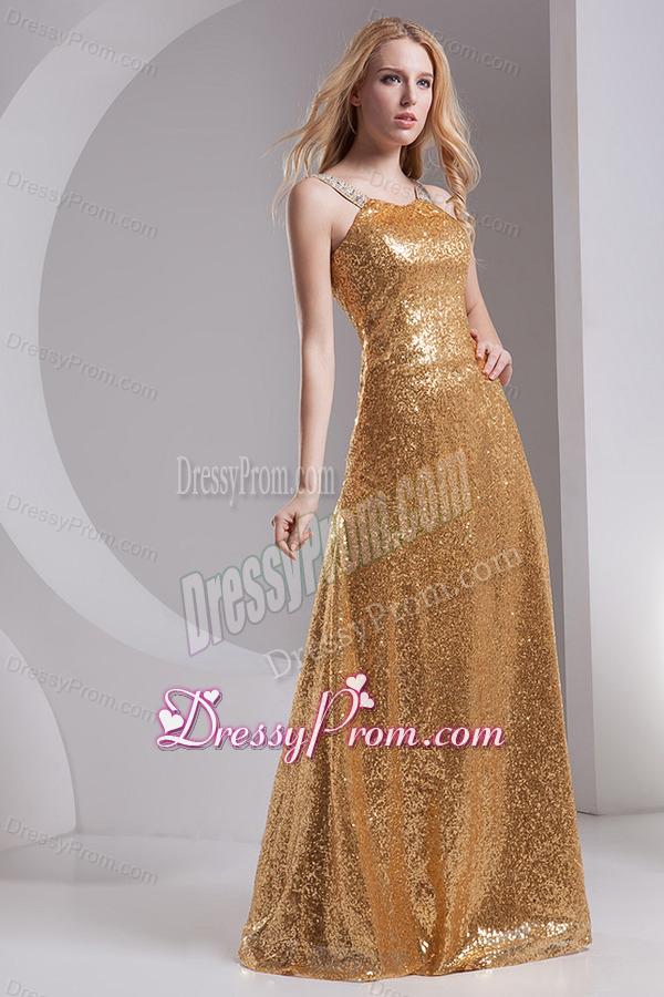 Column Straps Sequins Beading and Sequins Prom Dress in Gold