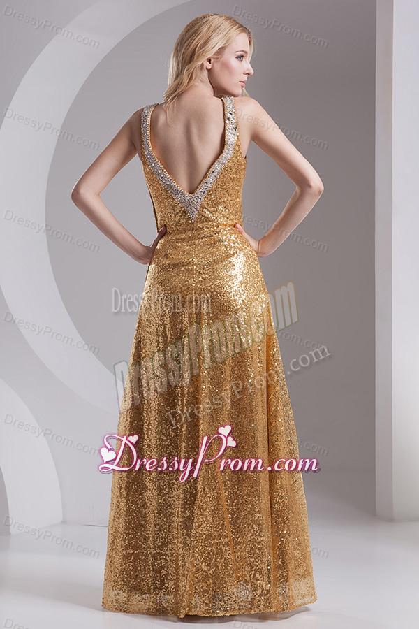 Column Straps Sequins Beading and Sequins Prom Dress in Gold