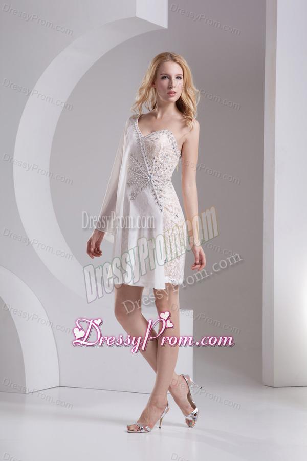 Column White One Shoulder Chiffon Prom Dress with Beading and Lace