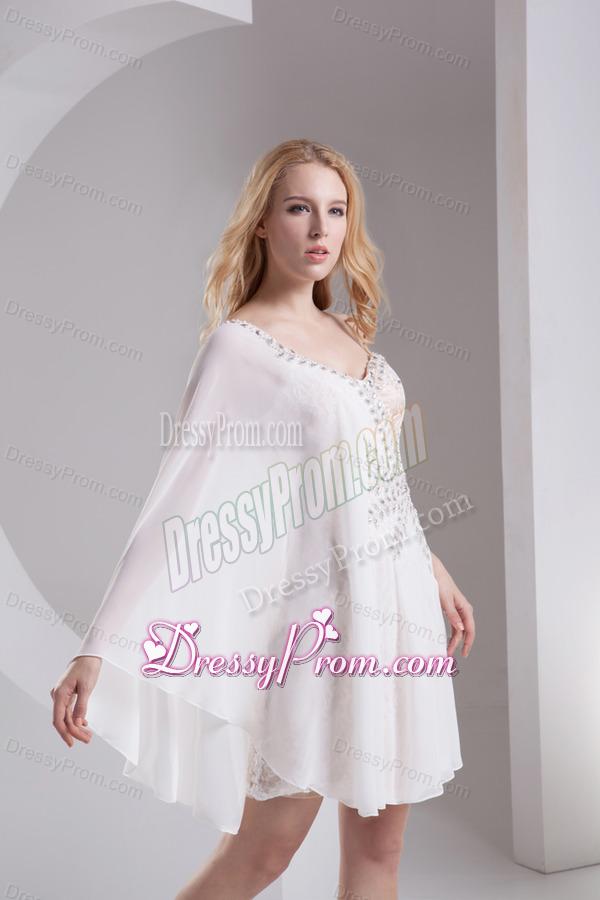 Column White One Shoulder Chiffon Prom Dress with Beading and Lace