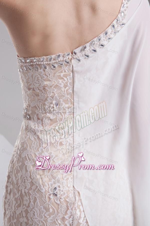 Column White One Shoulder Chiffon Prom Dress with Beading and Lace